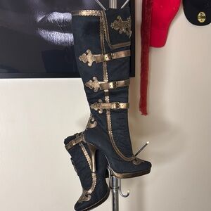 Leg Avenue Black and Gold Heeled Boots with Buckle Straps
